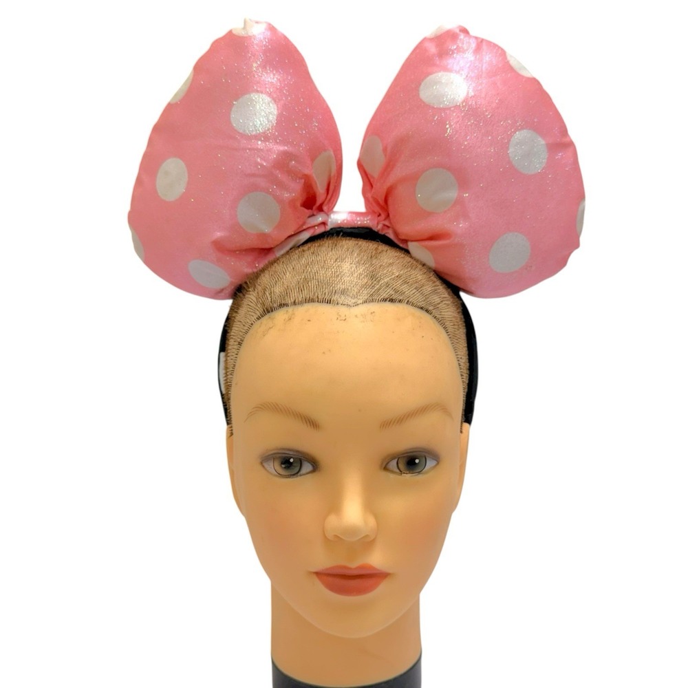 Disney Parks Minnie Mouse Glittery Super Pink & Silver Polka Dots Bow Headband